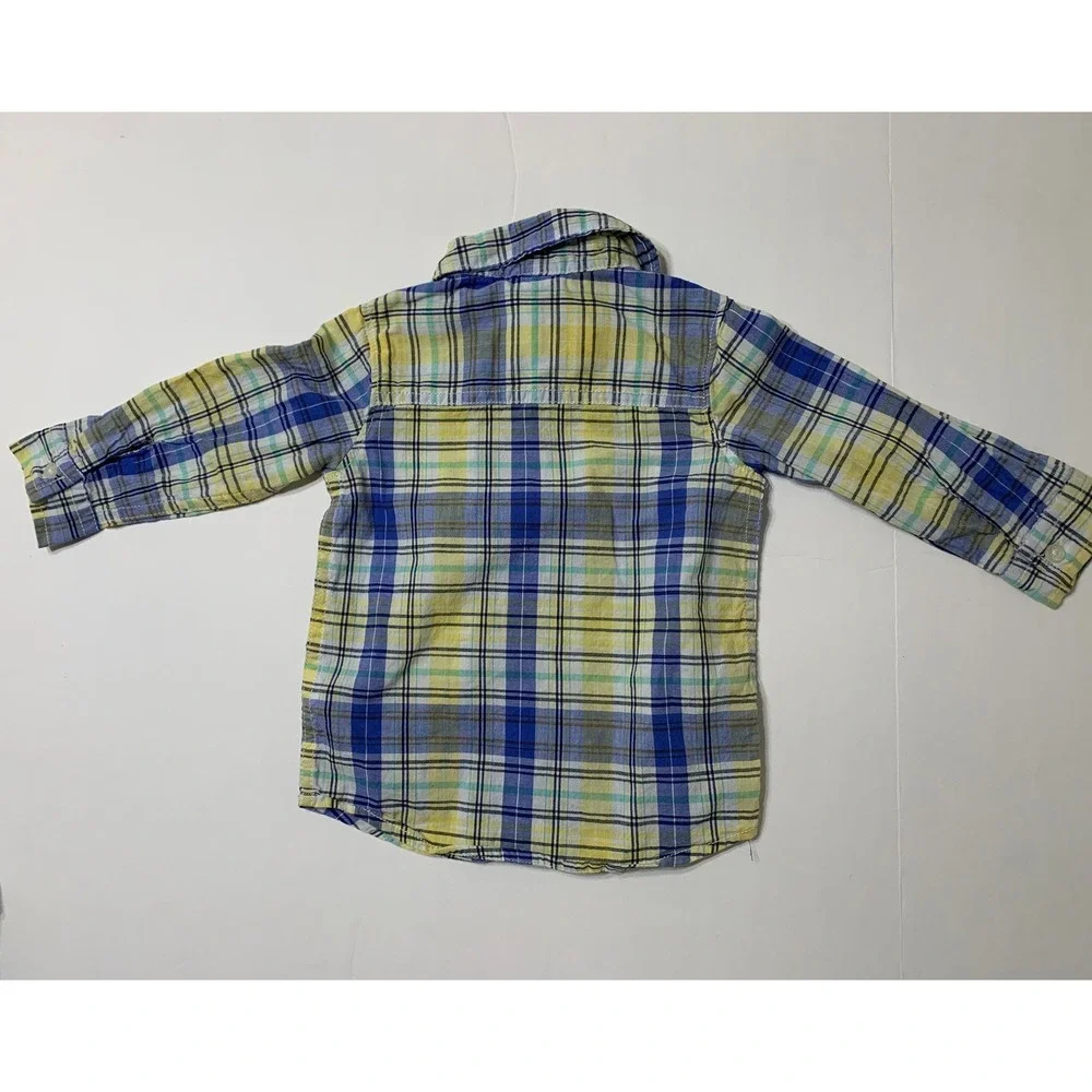 Carters Toddler Button Down Shirts Lot‎ of 2 Plaid Striped 12M 18M Blue Yellow